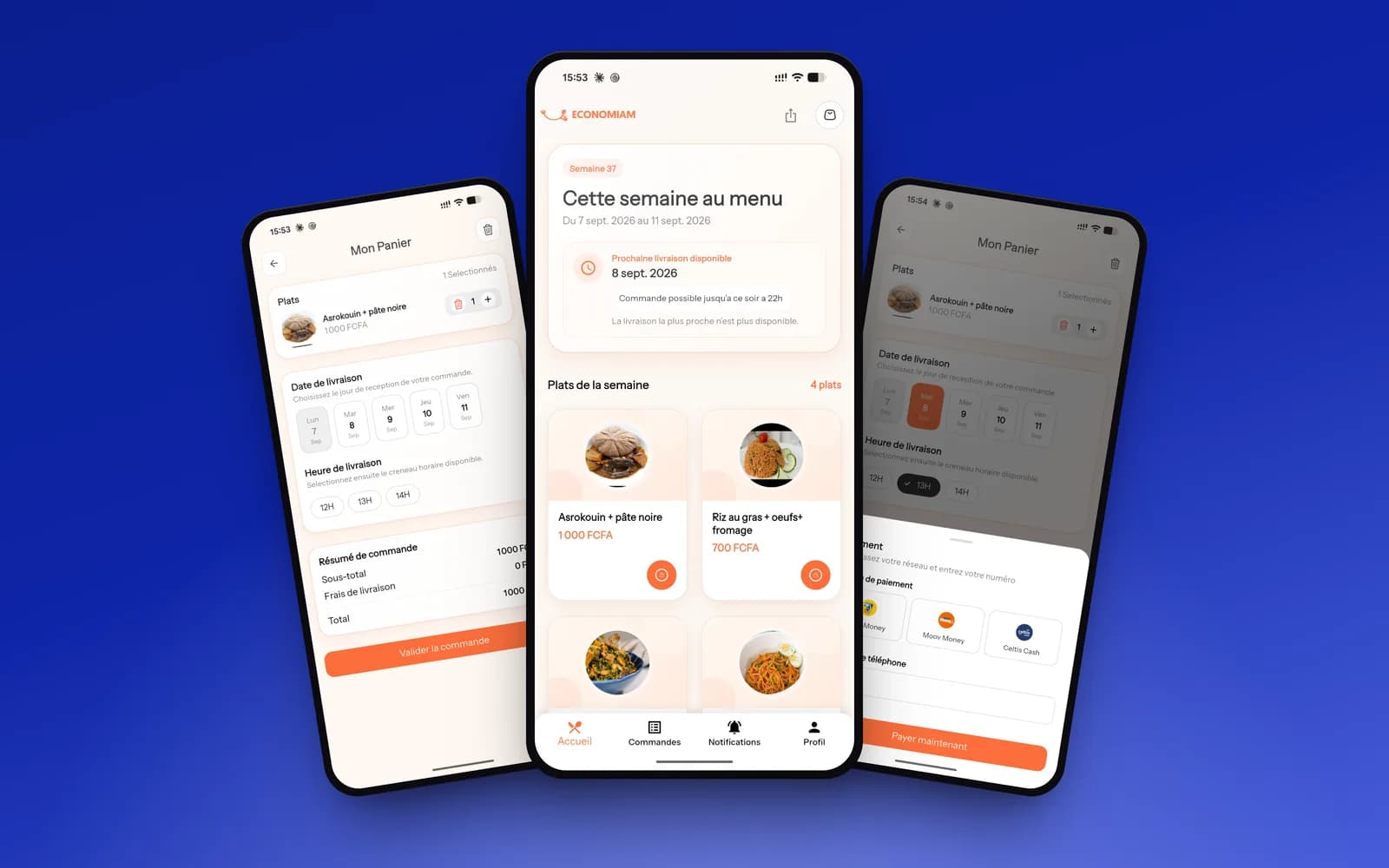 Trois écrans de l’application EconoMiam, le menu de la semaine, le panier avec créneau de livraison et le paiement Mobile Money