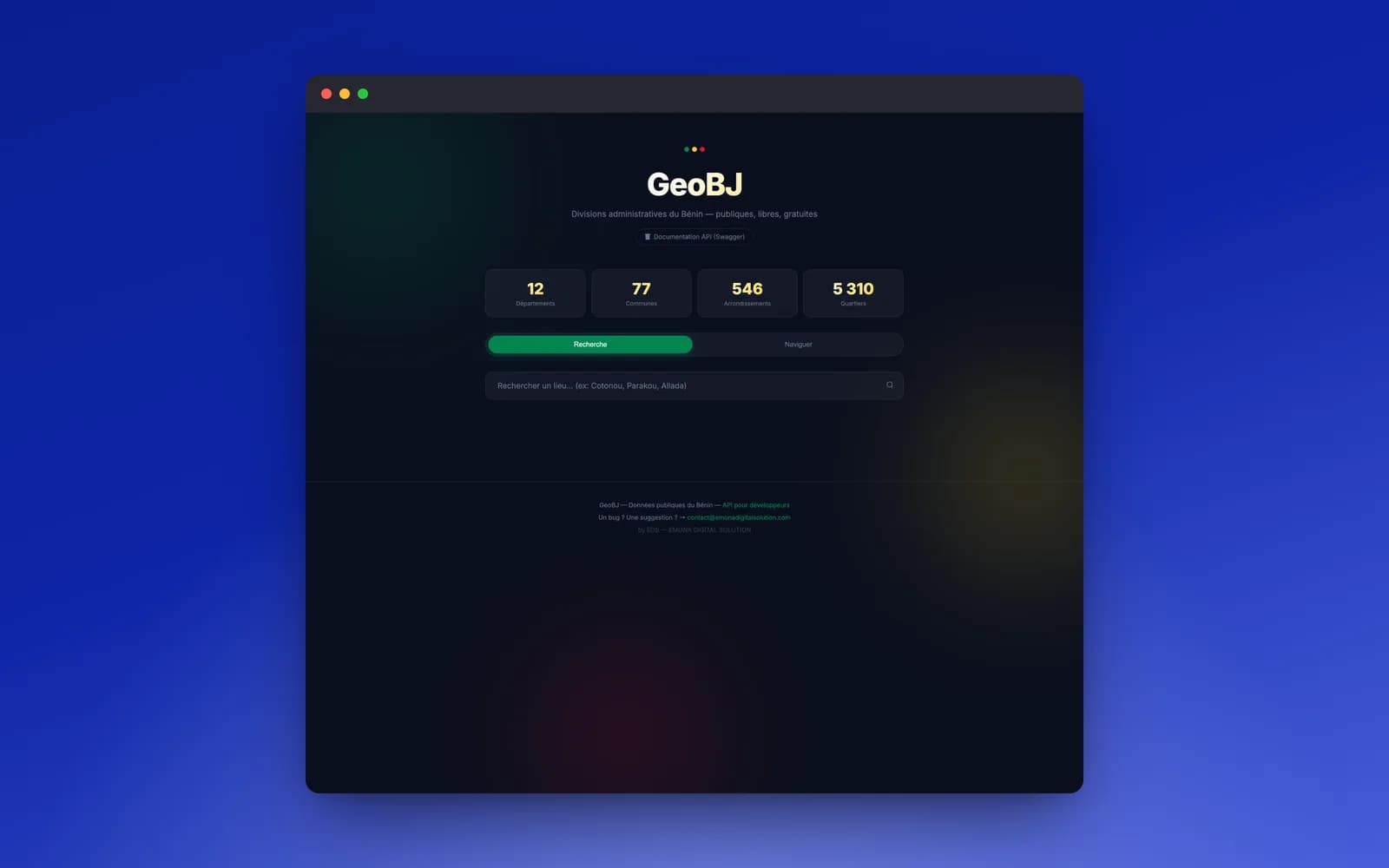 Interface de recherche des divisions administratives du Bénin sur GeoBJ