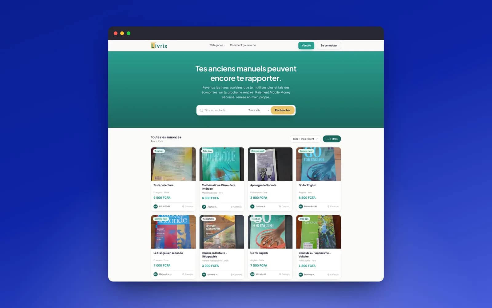 Marketplace Livrix de manuels scolaires d’occasion