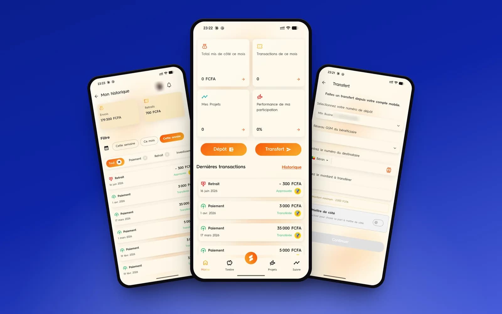 Trois écrans de l’application mobile SPID : historique, tableau de bord et transfert